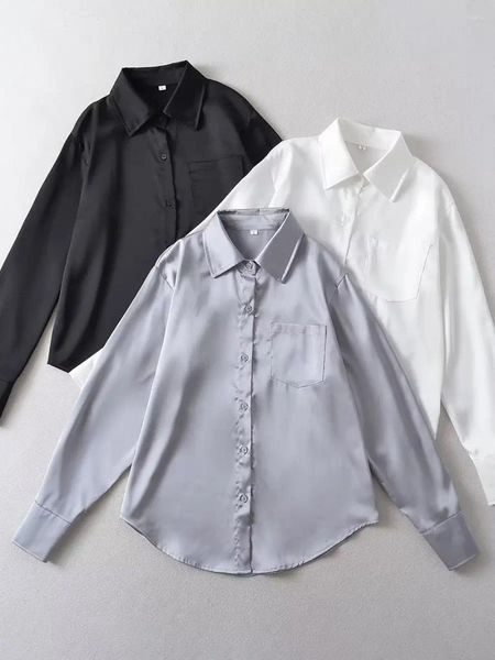 Blouses Femmes 2024 Femmes Vintage Lâche Blanc Noir Satin Mousseline De Soie Chemises Bureau Lady Élégant Boyfriend À Manches Longues Boutonné Tops