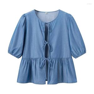 Blouses des femmes 2024 Femmes Vintage Puff Sleeve o cou Blue Lace Up Shirt Streetwear Ropa de Mujer Tops d'été