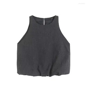 Blusas para mujeres 2024 Zar Spring/Verano Simple Grado High Gran Casco redondo Camiseta sin mangas del dobladillo Elástico Top