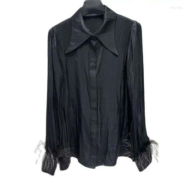 Blouses Femmes 23Retro Black Blouse Fashion Runway Simple Boutonnage Revers Autruche Cheveux Manches Chemise Y2K Polyvalent Femmes Haut De Gamme Vêtements