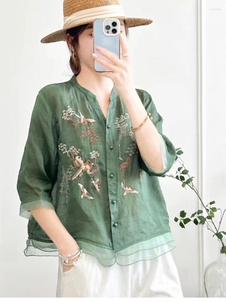 Blusas de mujer 23, camisas finas de ramio para mujer, camisetas holgadas de verano con bordado Vintage y árbol de pájaros con cuello en V y media manga para mujer