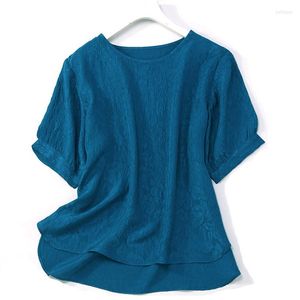 Blouses Femmes 26mm d'épaisseur GuanLe Blouse en soie pour femmes 2022 en bleu royal chemise à manches courtes bouffantes col rond irrégulier décontracté hauts d'été