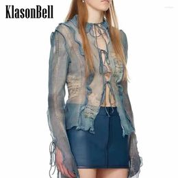 Blouses de femmes 3.30 Klasonbell mode Sexy Sheer Mesh Lace-Up Blouse Femmes Stressage Spliced Spliced Long Stretch Stretch Slim