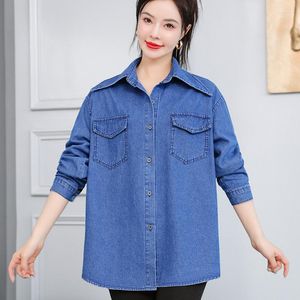 Chemisiers pour femmes #3420 chemises en Denim bleu femmes col rabattu chemise en jean décontracté à manches longues vêtements coupe large mi-longue