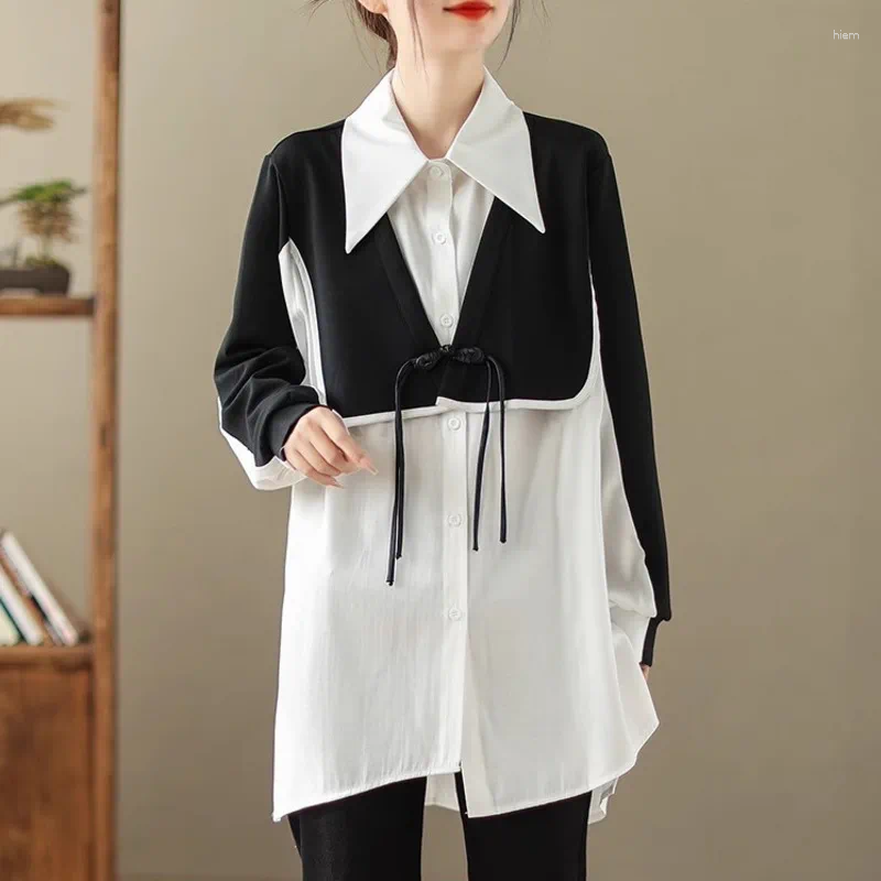 Women's Blouses #3816 Spring 2024 False Two Piece Shirt Women Spliced Color Asymmetrical Loose Vintage Womens Tops And Black White