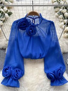 Dames Blouses 3D-bloem Chiffon blouse Ruches Kraag Lange mouwen Doorschijnend Met voering Dames Frankrijk Vintage Senior Elegant OL Tops