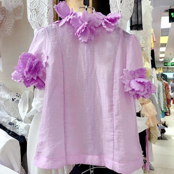 Blouses pour femmes 3D fleur décoration col montant pull hauts pour femmes à manches courtes en organza chemise 2023 été Blouse Camisas Mujer Y3970