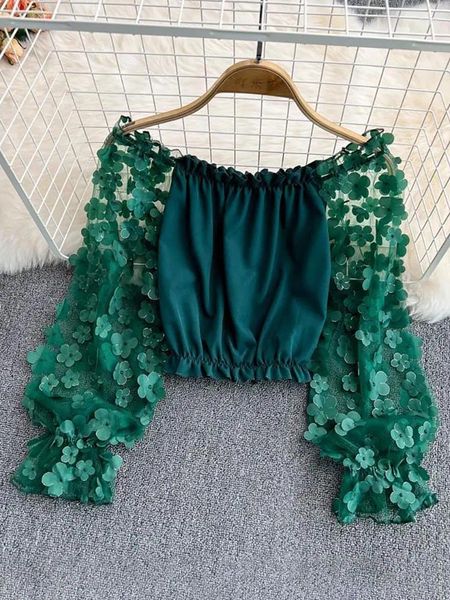 Blusas de mujer, Blusa de gasa con hombros descubiertos y flores en 3D, Top corto elegante de malla fina para mujer, camiseta juvenil de moda coreana 2024