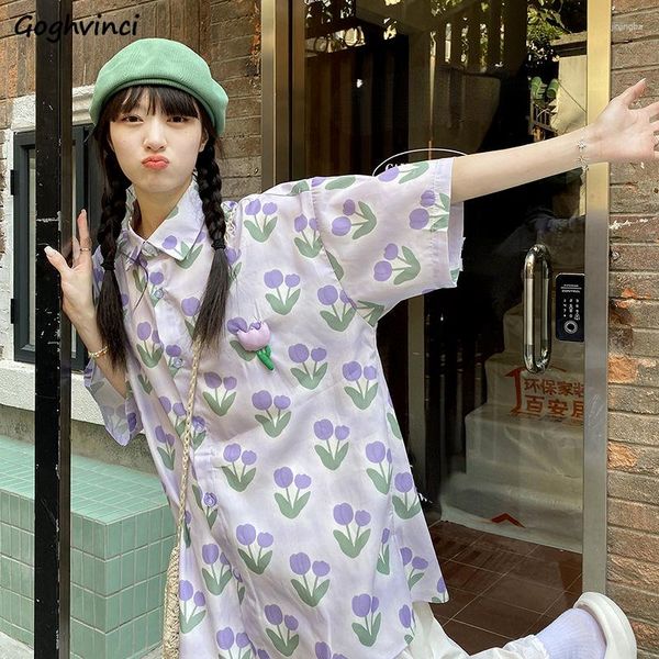 Blouses Femmes 3D Chemises à fleurs Femmes Été Doux Style coréen Casual College Ins Personnalité Vintage Mode Ulzzang Simple All-Match