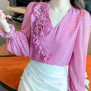 Blusas de Mujer 3D Rosa tachonada perla roja gasa elegante Blusa camisa estilo otoño adorables largo manga Top Blusa Mujer Moda 2023