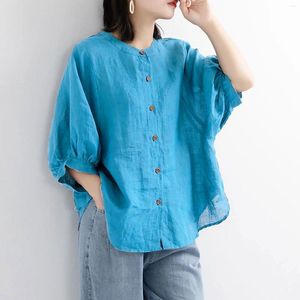 Damesblouses 3XL Katoen-linnen blouse voor dames Grote maten Button-down overhemd Effen Kleur Halve mouw Top Casual Lente Zomerkleding