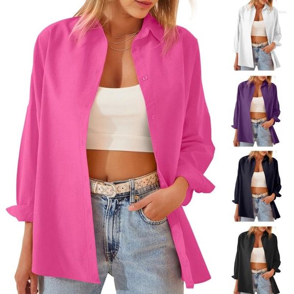 Chemisiers pour femmes 40GC Femmes Revers Boutonné à manches longues Couleur bonbon Oversize Boyfriend Chemises