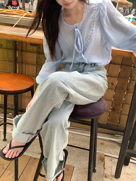 Blusas de mujer 4 colores estilo coreano blusa de protección solar camisa de mujer encaje Patchwork fino blanco Tops 2023 niñas prendas de vestir abrigos (X2901)