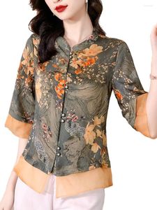 Blouses des femmes 4xl femmes de printemps d'￩t￩ Lady Fashion Fashion d￩contract￩e ￠ demi-manches O-Nec Collar Retro Printing Flower Blusas Tops CT0589