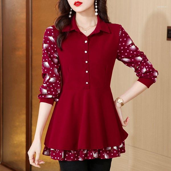 Blusas de mujer 5XL 2023 mujer elegante Oficina señora Retro Vintage suelta Peplum Top Patchwork estampado manga larga túnica camisa básica blusa