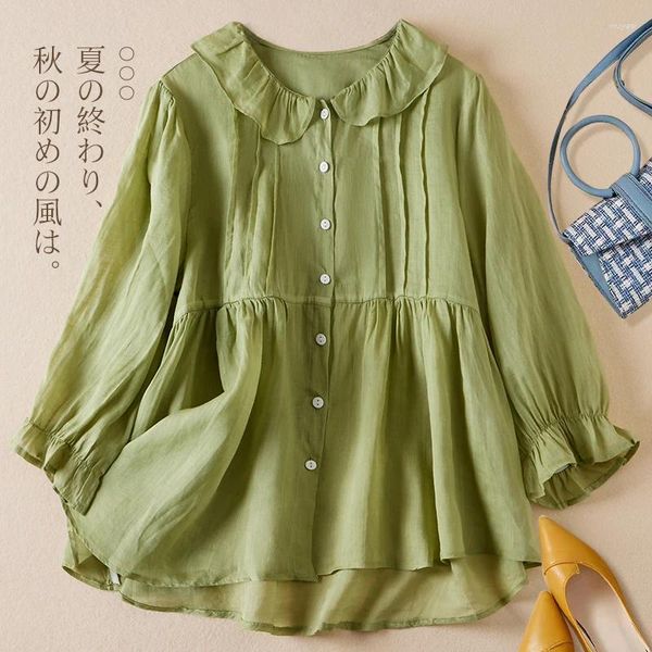 Blusas para mujeres de algodón de 6 colores y lino de siete minutos Coloque de collar de muñecas BLUSIÓN Spring Summer Temperamento de Corea Temperano suelto S