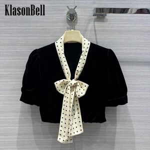 Blouses pour femmes 8.13 KlasonBell tempérament élégant soie à pois imprimé nœud manches bouffantes court velours Blouse haut femmes