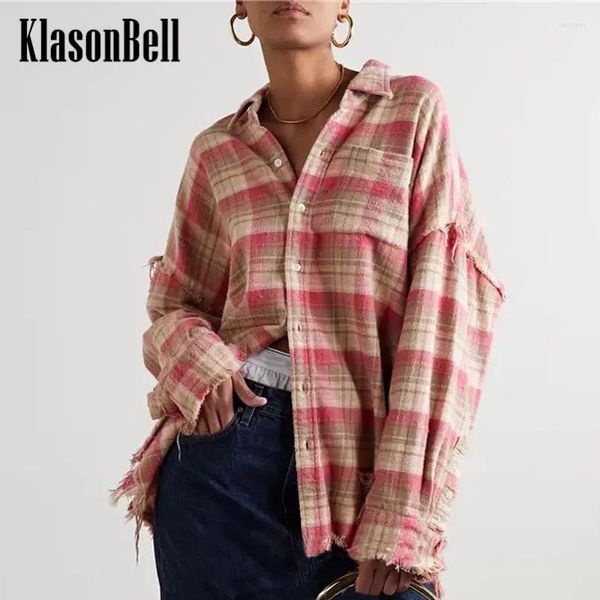 Blouses pour femmes 8.25 KlasonBell automne Vintage Plaid imprimé gland effiloché à manches longues chemise en coton ample femmes