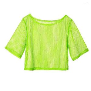 Blouses voor dames 80s mesh shirt vest set stijlvolle top felle kleur o-neck korte mouw lange clubkleding voor vrije tijd voor vrije tijd