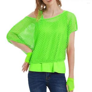 Women voor blouses 80s mesh shirt vest set vrouwen top felle kleur o-neck korte mouw bijgesneden tops racerback pullover