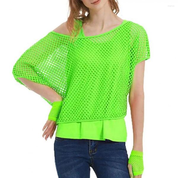 Blouses de chemise des femmes 80s Veste gilet en filet Femmes Top Couleur lumineuse O Neck à manches courtes Tops Cropped Tops Raceback Pullover