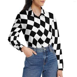 Chemisiers pour femmes Chemisier en damier abstrait Noir et blanc Checker Office Design Femme Street Fashion Chemise à manches longues Tops surdimensionnés