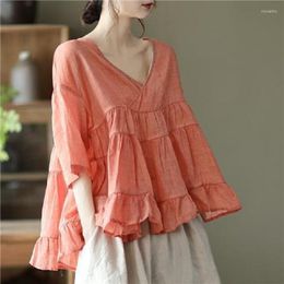 Women's Blouses Aecu Spring Summer Women Solid Color V-Neck Chiffon Casual Blouse Loose S-3XL groot formaat drie kwart mouw shirt