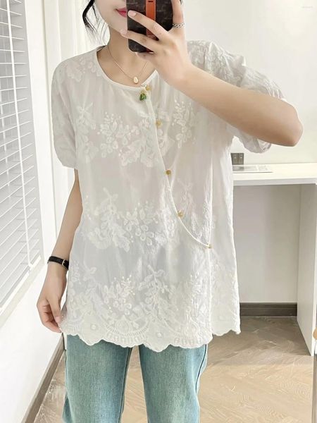 Blouses Femmes Aesthetic 2024 Chinois Vintage et élégant Shirts Cotton Shirts de broderie à manches courtes Femme Femme