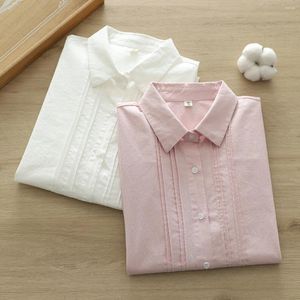 Blouses voor dames esthetiek Japanse stijl katoen geplooid wit roze shirt vrouw nieuwheid 2024 lange mouwen tops hirts
