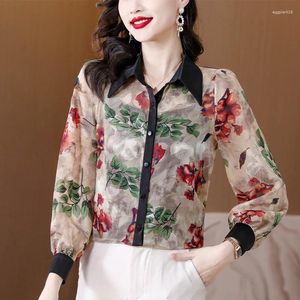 Women's Blouses Aimeili Silk Geel Gedrukt Elegant Shirt 2024 Zomer Ruffled Neck Lantern Sleeve Loose Blouse Office Lady Chiffon