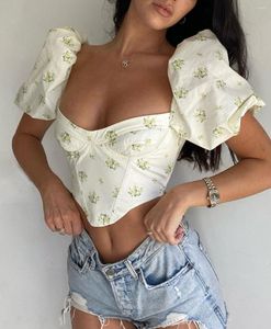 Blouses pour femmes Ajoc élégant col carré fleuri manches bouffantes haut corset et femmes Cottagecore fée Grunge Sexy hauts courts