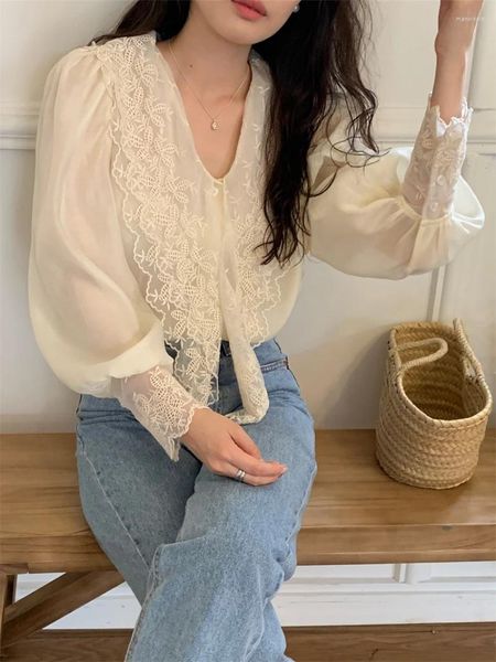 Blusas de mujer Alien Kitty Beige Camisas suaves Romance Mujer Ropa de trabajo Slim Loose 2024 Lace Spring Puff Sleeve Chic Office Lady Blusas