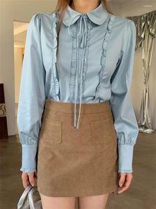 Blouses pour femmes Alien Kitty Blue Ruffles Shirts Femmes A-Line Mini jupes 2024 High Street Minimalist Office Lady Slim Work Wear Spring Sweet