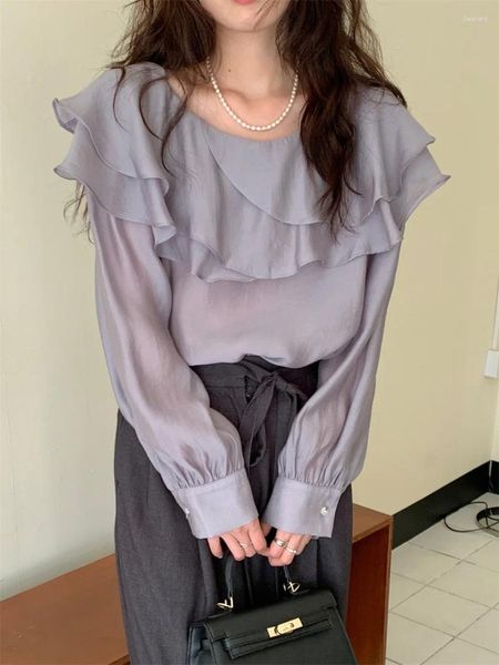 Blouses Femmes Alien Kitty Violet Solide Volants Femmes Doux Casual Office Lady 2024 Spring Work Wear Mujer Élégant À Manches Longues