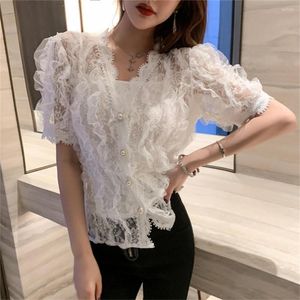 Blouses pour femmes Alien Kitty V-Neck Ruffles Fairy Slim Shirts Summer All Match Women High Street 2023 Work Wear Lace Sexy Office Lady Mujer