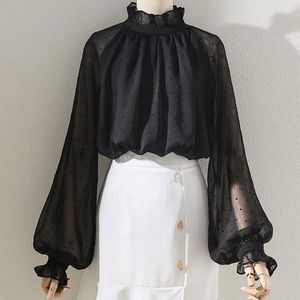 Chemisiers pour femmes tout match noir à pois en mousseline de soie femmes chemisier chemise automne 2022 volants cou lanterne manches voir à travers dame élégant hauts