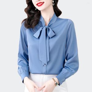 Blouses pour femmes All-Match Simple Bow-Tie Solid Satin Femmes Manches longues Boutonnées Chemises droites Tops basiques Vêtements de bureau élégants