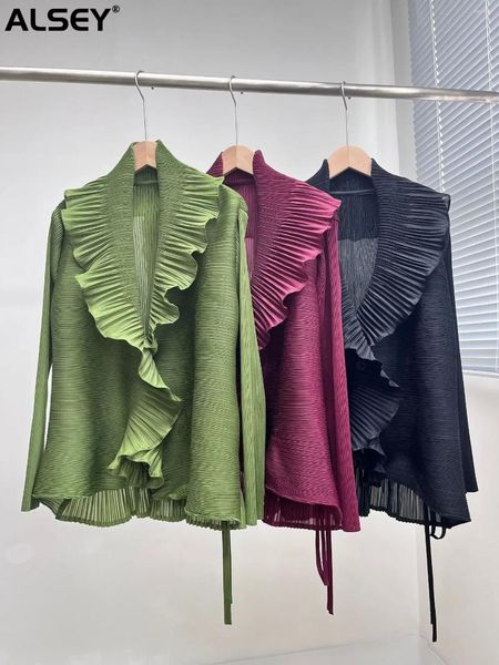 Blouses pour femmes ALSEY MIYAKE Fashion Preed Ruffles Shirt For Women Spring Korean Style Long Sleeves Patchwork Design Single Button Tops