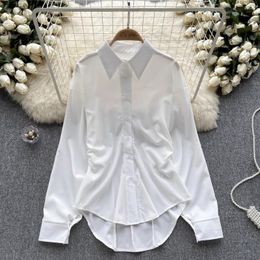 Blouses Femmes Chemisier Chic américain pour femmes col rabattu manches longues bouffantes plis chemises maigres automne polyvalent femme hauts goutte