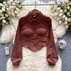 Blusas de mujer Blusa americana elegante para mujer, manga larga abombada, cuello vuelto, sujetador integrado, camisas ajustadas irregulares, blusas sexis para mujer