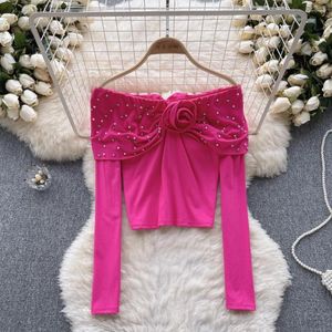 Damesblouses Amerikaanse chique elegante blouse voor dames 3D bloemen schuine hals lange mouwen Soild shirts herfst mode vrouwelijk tops drop