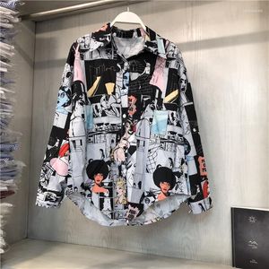 Chemisiers pour femmes American Retro Polo Neck Women Shirt Anime Printing Loose Long Sleeve Casual Shirts Feminino Korean Fashion Blouse Drop