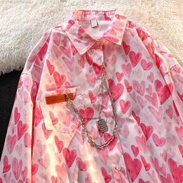 Chemisiers pour femmes American Vintage Pink Love Pattern Shirt Pour Femmes Années 80 Années 90 Coréen Lâche Oversize À Manches Longues Harajuku Mince Tops À La Mode