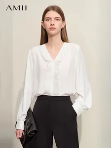 Women's Blouses Amii Minimalism 2024 Spring Chiffon Shirts For Women Solid V-Neck Organ Pleat Rechte Long-Sleeve Casual 12421086