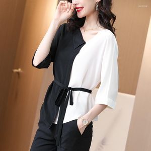 Women's Bloses and Tops Silk Floral Office Camisetas casuales formales más de gran tamaño Summer Summer Sexy Femme Black