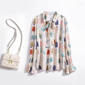 Blouses en Tops Silk White Tree Floral Printed Office Formele Casual Shirts plus grote lente Summer Summer Seksuele femme