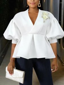 Blouses pour femmes aomei femmes chemisier blanc chemise en V haut de cou de la lanterne à manchette haute taille peplum en dentelle flowear soir événement de la soirée grande taille