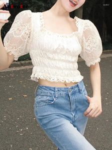 Blouses Femmes Aotvotee Blouse en dentelle Femmes 2023 Mode Fairycore Manches bouffantes Col carré Crop Tops Chic Élégant Vintage Solide