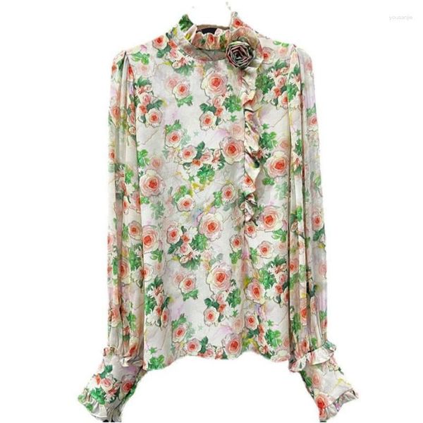 Blouses femme abricot chemise 2023 printemps automne Vintage rouleau tissu Rose tempérament col montant femmes