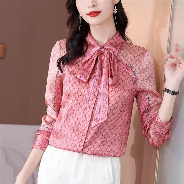 Blouses pour femmes Arrivée Bowknot Printemps Femmes Chemises habillées de haute qualité à manches longues Allover imprimé Bouton couvert Casual Dames